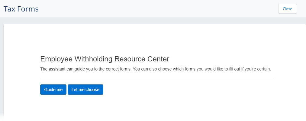 Screenshot: The first page of Employee Withholding Resource Center in the Tax Forms process